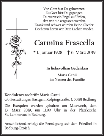 Anzeige von Carmina Frascella von  Sonntags-Post 