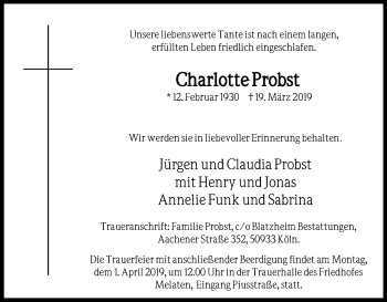 Anzeige von Charlotte Probst von Kölner Stadt-Anzeiger / Kölnische Rundschau / Express