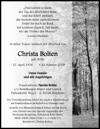 Anzeige von Christa Bolten von Kölner Stadt-Anzeiger / Kölnische Rundschau / Express