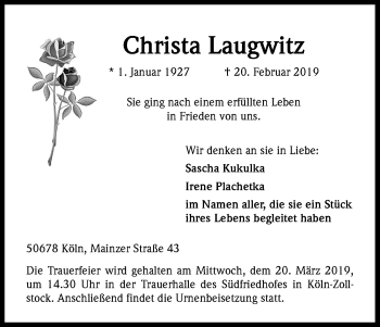 Anzeige von Christa Laugwitz von Kölner Stadt-Anzeiger / Kölnische Rundschau / Express