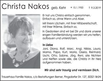 Anzeige von Christa Nakos von  Schlossbote/Werbekurier 
