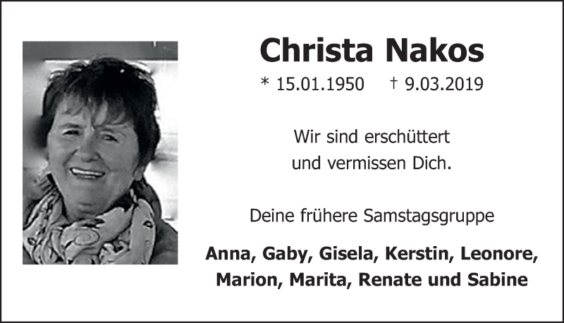  Traueranzeige für Christa Nakos vom 20.03.2019 aus  Schlossbote/Werbekurier 