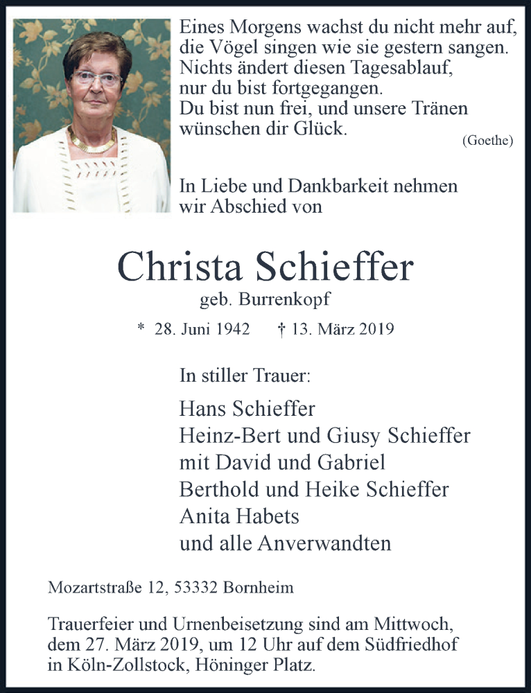  Traueranzeige für Christa Schieffer vom 20.03.2019 aus  Schlossbote/Werbekurier 
