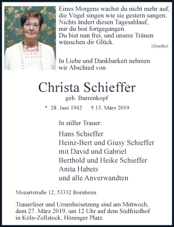 Anzeige von Christa Schieffer von  Schlossbote/Werbekurier 