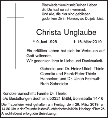 Anzeige von Christa Unglaube von  Schlossbote/Werbekurier 