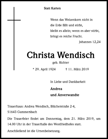 Anzeige von Christa Wendisch von Kölner Stadt-Anzeiger / Kölnische Rundschau / Express