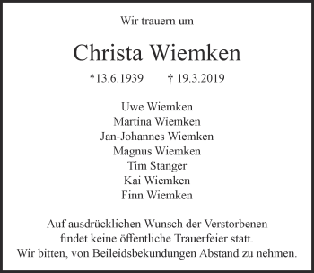 Anzeige von Christa Wiemken von  Blickpunkt Euskirchen 