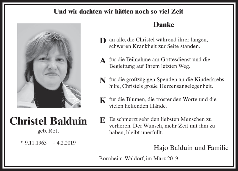  Traueranzeige für Christel Balduin vom 20.03.2019 aus  Schaufenster/Blickpunkt  Schlossbote/Werbekurier 