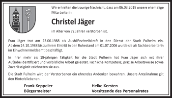 Anzeige von Christel Jäger von  Sonntags-Post 