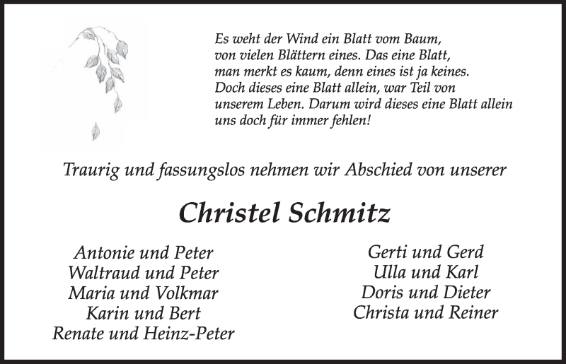  Traueranzeige für Christel Schmitz vom 20.03.2019 aus  Schlossbote/Werbekurier 