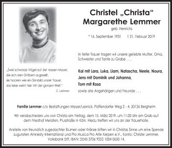 Anzeige von Christel Margarethe Lemmer von  Sonntags-Post 