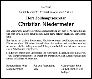Anzeige von Christian Niedermeier von Kölner Stadt-Anzeiger / Kölnische Rundschau / Express