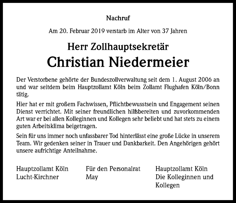  Traueranzeige für Christian Niedermeier vom 02.03.2019 aus Kölner Stadt-Anzeiger / Kölnische Rundschau / Express