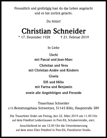 Anzeige von Christian Schneider von Kölner Stadt-Anzeiger / Kölnische Rundschau / Express