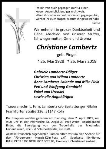 Anzeige von Christiane Lambertz von Kölner Stadt-Anzeiger / Kölnische Rundschau / Express