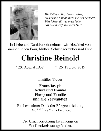 Anzeige von Christine Reinold von Kölner Stadt-Anzeiger / Kölnische Rundschau / Express