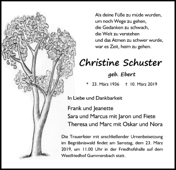 Anzeige von Christine Schuster von Kölner Stadt-Anzeiger / Kölnische Rundschau / Express