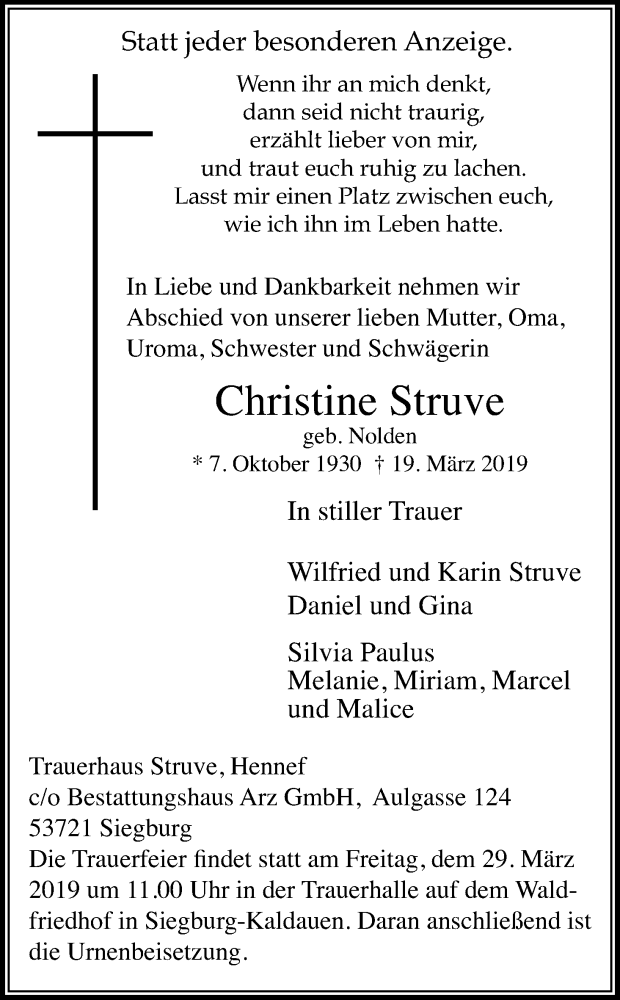 Traueranzeige für Christine Struve vom 27.03.2019 aus Kölner Stadt-Anzeiger / Kölnische Rundschau / Express