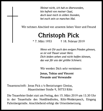 Anzeige von Christoph Pick von Kölner Stadt-Anzeiger / Kölnische Rundschau / Express