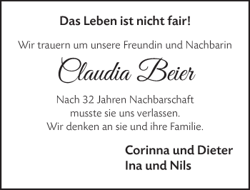 Anzeige von Claudia Beier von  Schlossbote/Werbekurier 