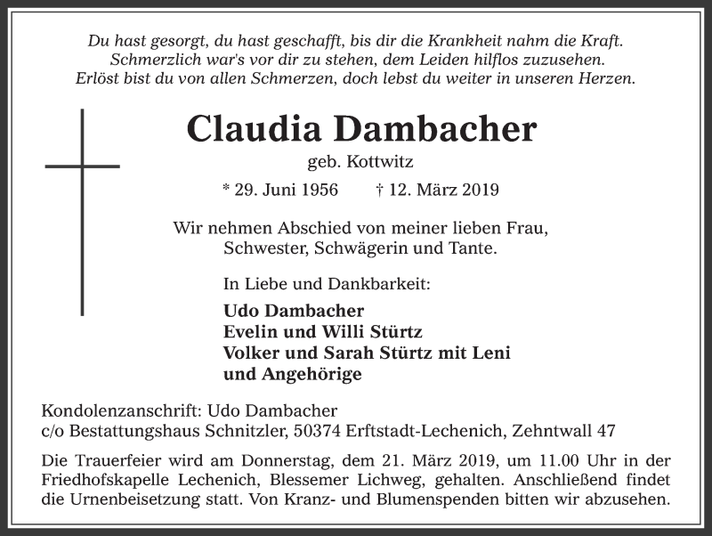  Traueranzeige für Claudia Dambacher vom 20.03.2019 aus  Werbepost 