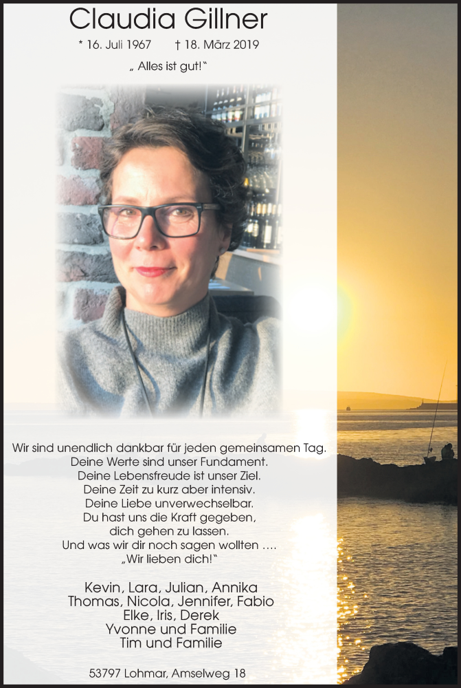  Traueranzeige für Claudia Gillner vom 18.07.2023 aus Kölner Stadt-Anzeiger / Kölnische Rundschau / Express