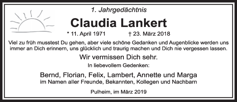  Traueranzeige für Claudia Lankert vom 18.07.2023 aus  Sonntags-Post 