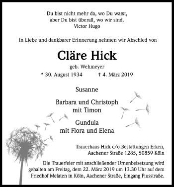 Anzeige von Cläre Hick von Kölner Stadt-Anzeiger / Kölnische Rundschau / Express