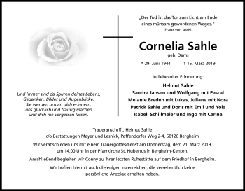 Anzeige von Cornelia Sahle von Kölner Stadt-Anzeiger / Kölnische Rundschau / Express