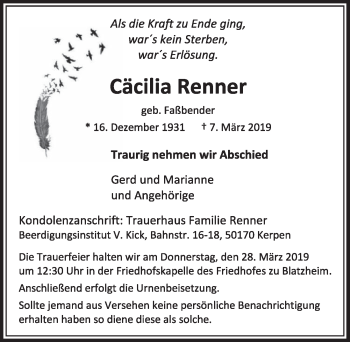 Anzeige von Cäcilia Renner von  Sonntags-Post 