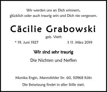 Anzeige von Cäcilie Grabowski von Kölner Stadt-Anzeiger / Kölnische Rundschau / Express