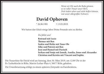 Anzeige von David Ophoven von  Sonntags-Post 