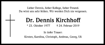 Anzeige von Dennis Kirchhoff von Kölner Stadt-Anzeiger / Kölnische Rundschau / Express