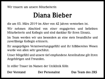 Anzeige von Diana Bieber von Kölner Stadt-Anzeiger / Kölnische Rundschau / Express