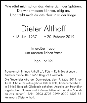 Anzeige von Dieter Althoff von Kölner Stadt-Anzeiger / Kölnische Rundschau / Express