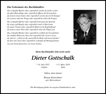Anzeige von Dieter Gottschalk von Kölner Stadt-Anzeiger / Kölnische Rundschau / Express