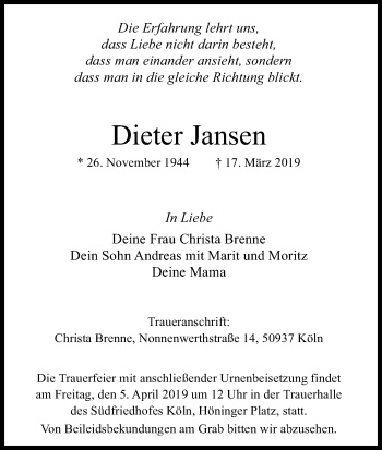 Anzeige von Dieter Jansen von Kölner Stadt-Anzeiger / Kölnische Rundschau / Express