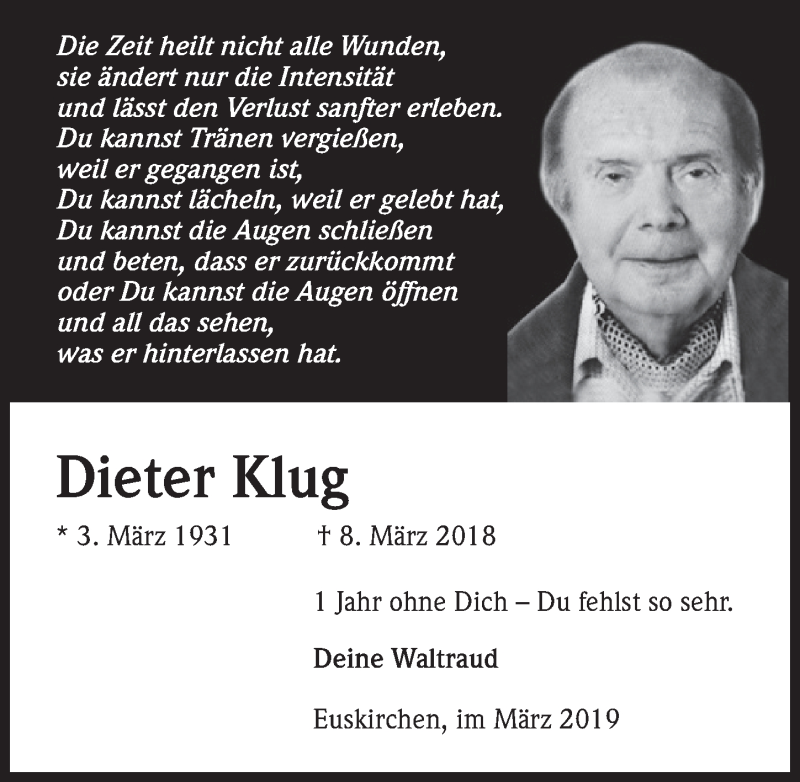  Traueranzeige für Dieter Klug vom 18.07.2023 aus  Blickpunkt Euskirchen 
