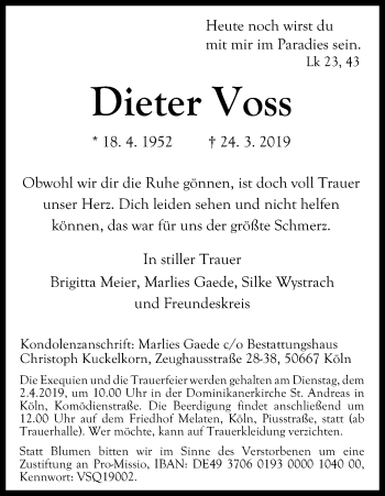 Anzeige von Dieter Voss von Kölner Stadt-Anzeiger / Kölnische Rundschau / Express