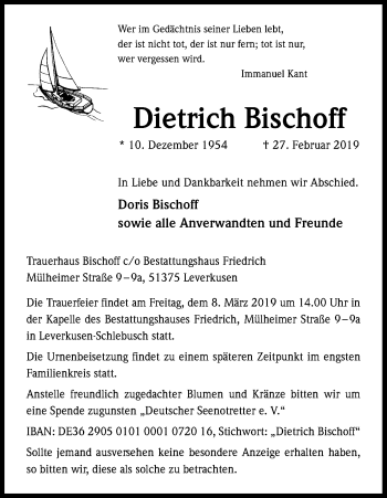 Anzeige von Dietrich Bischoff von Kölner Stadt-Anzeiger / Kölnische Rundschau / Express
