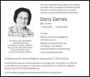 Anzeige von Doris Gerres von Kölner Stadt-Anzeiger / Kölnische Rundschau / Express