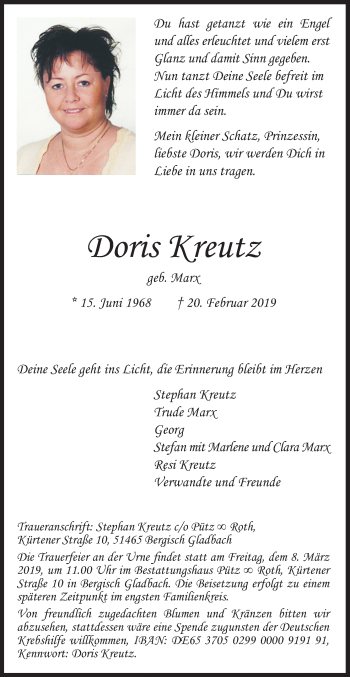 Anzeige von Doris Kreutz von Kölner Stadt-Anzeiger / Kölnische Rundschau / Express