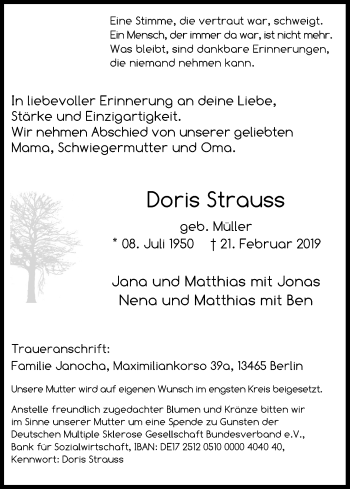 Anzeige von Doris Strauss von Kölner Stadt-Anzeiger / Kölnische Rundschau / Express