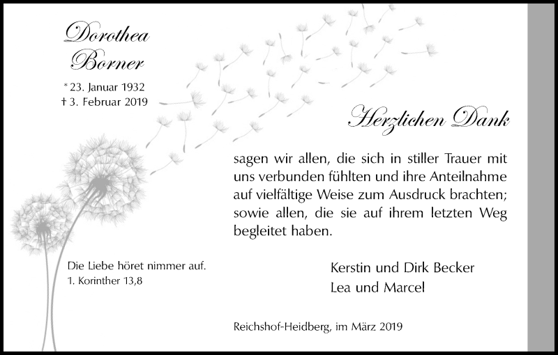 Traueranzeige für Dorothea Borner vom 16.03.2019 aus Kölner Stadt-Anzeiger / Kölnische Rundschau / Express