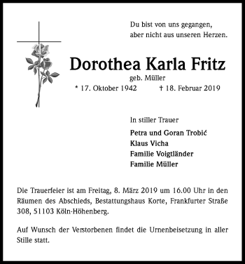 Anzeige von Dorothea Karla Fritz von Kölner Stadt-Anzeiger / Kölnische Rundschau / Express