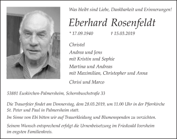 Anzeige von Eberhard Rosenfeldt von  Blickpunkt Euskirchen 