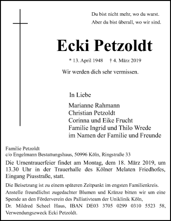 Anzeige von Ecki Petzoldt von Kölner Stadt-Anzeiger / Kölnische Rundschau / Express