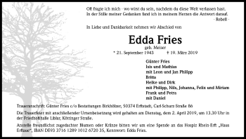 Anzeige von Edda Fries von Kölner Stadt-Anzeiger / Kölnische Rundschau / Express