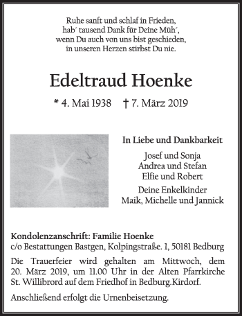 Anzeige von Edeltraud Hoenke von  Sonntags-Post 
