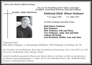 Anzeige von Edeltraud  Könen-Vanhauer von  Sonntags-Post 